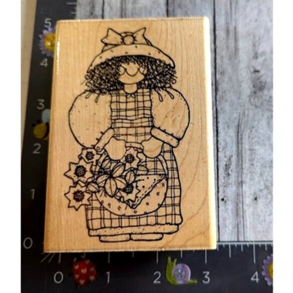 Dots Sunshine & Sunflowers S169 Woman Folk Art Flowers Rubber Stamp Wood #D23 - Picture 1 of 4